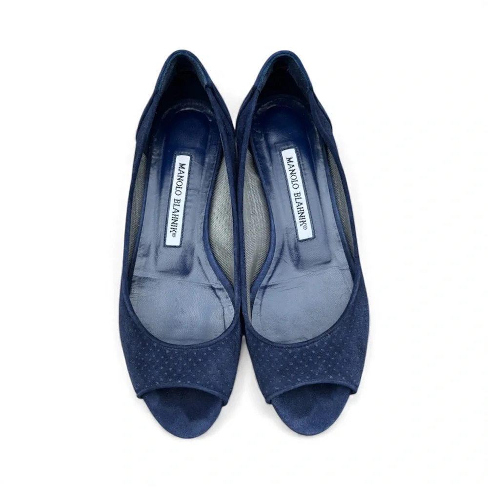 Manolo Blahnik Navy Blue Suede Peep Toe Flats 35.5 - Picture 2 of 9